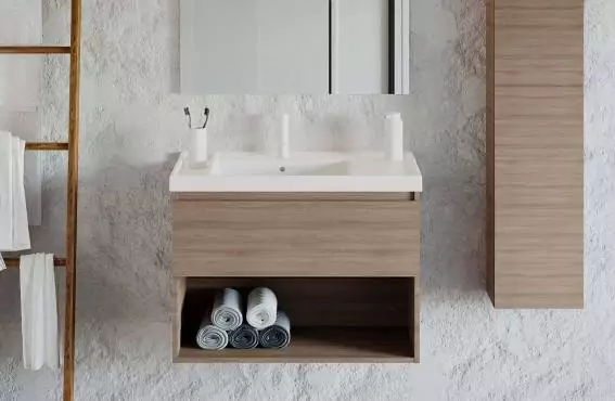 Mueble B-Best 120 cm con lavabo porcelana, 4 cajones nogal natural