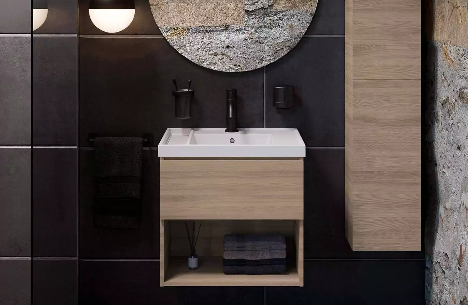 Mueble b-best de 60 cm nogal natural con 1 cajón y lavabo Tekstone Bath+ en Minspira