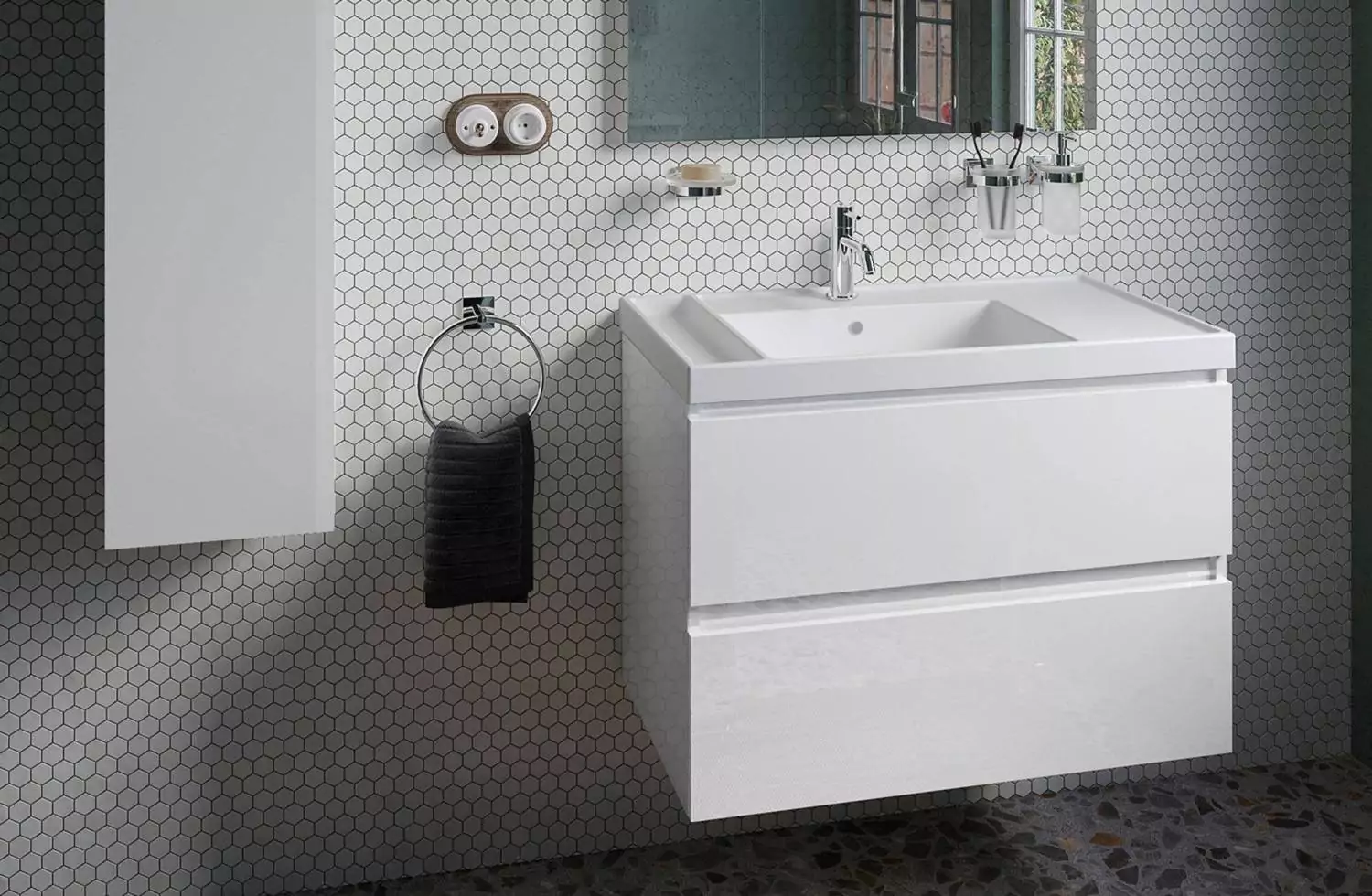 Mueble B-Best de 80 cm blanco brillo con 2 cajones y lavabo Teckstone Bath+ en Minspira