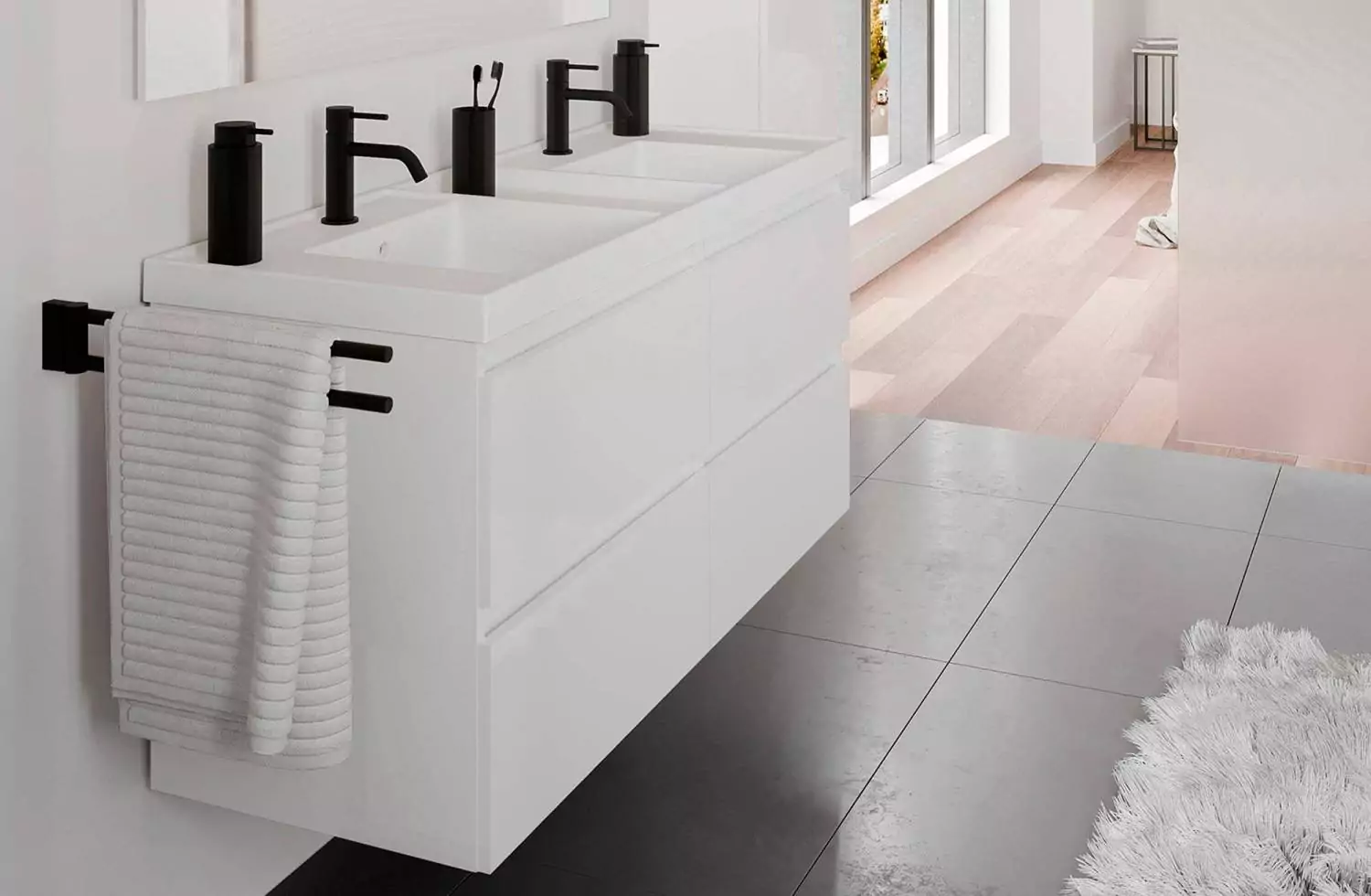 Mueble B-Best de 120 cm blanco brillo con 4 cajones y lavabo doble Teckstone Bath+ en Minspira
