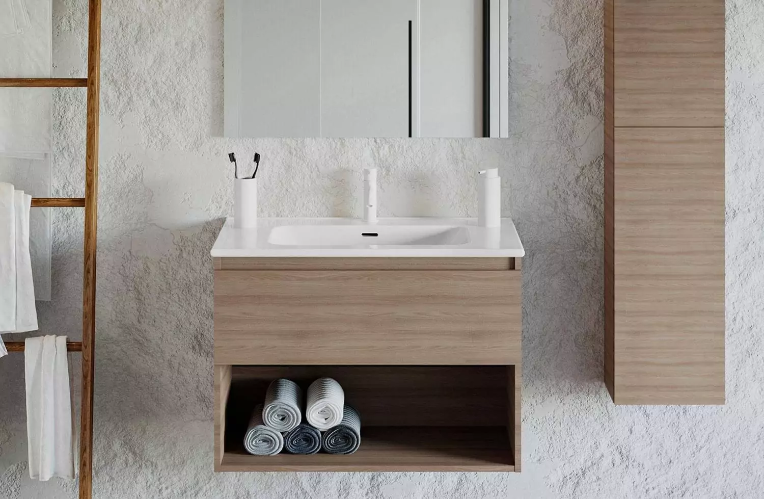 Mueble B-Best 80 cm con lavabo porcelana, 1 cajón + decorativo nogal  natural