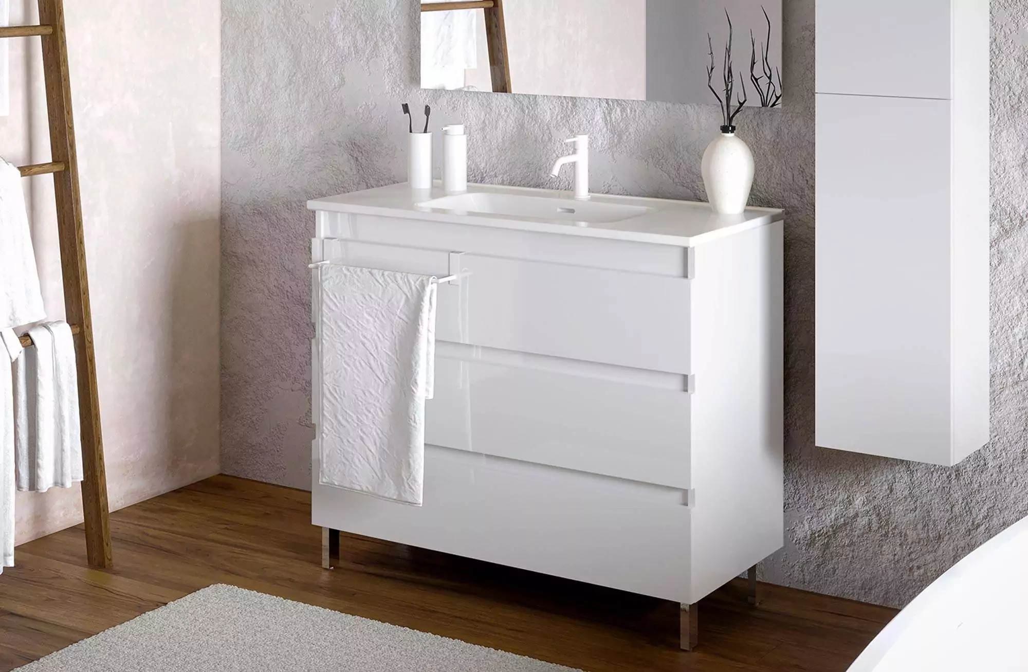 Mueble de Baño Suspendido con Lavabo Cerámico, 80 cm - Blanco Brillo -  Cromo Brillo