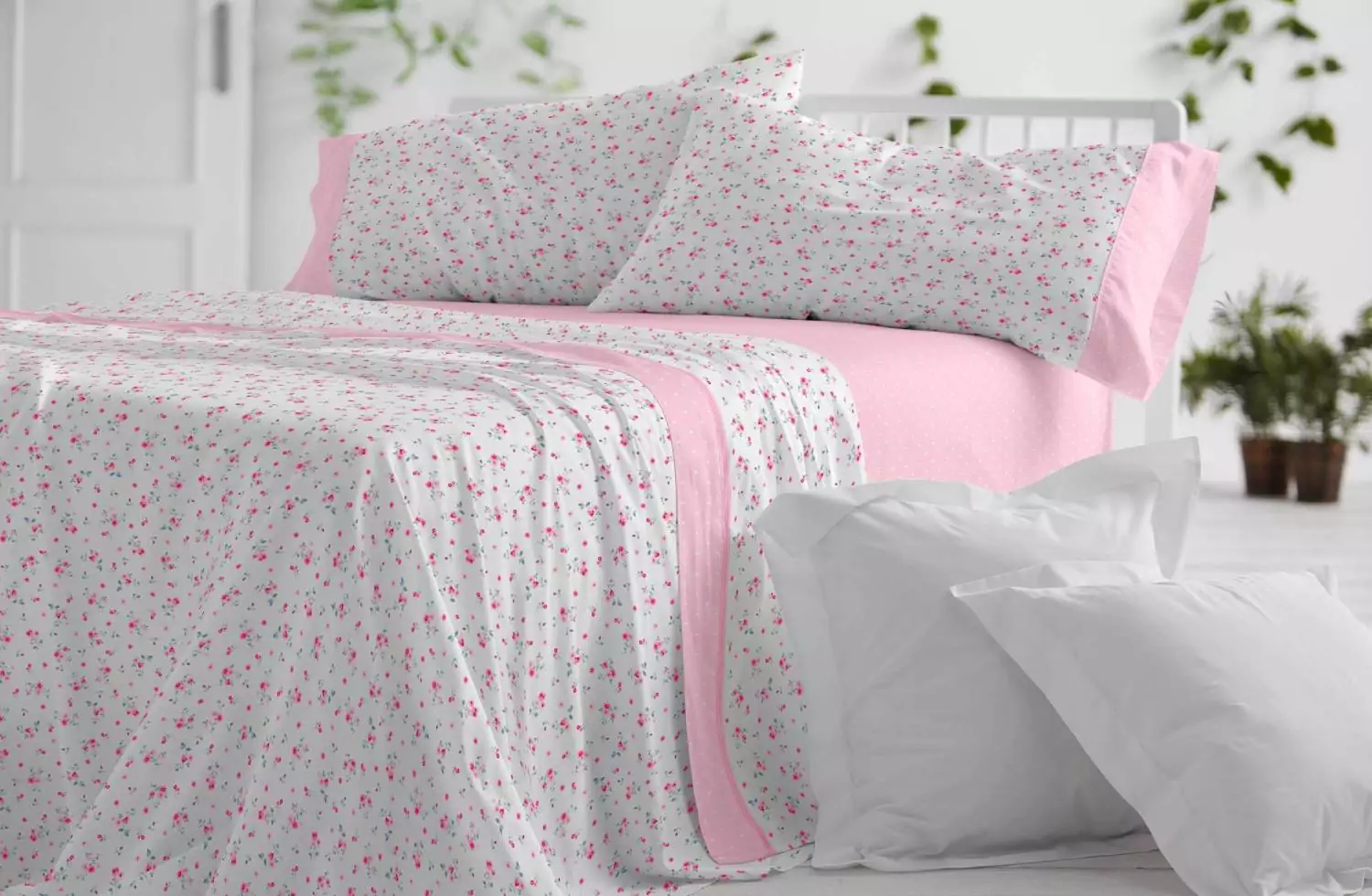 Sábana de punto 100% algodón rosa para cama de 90 cm con almohada PINK